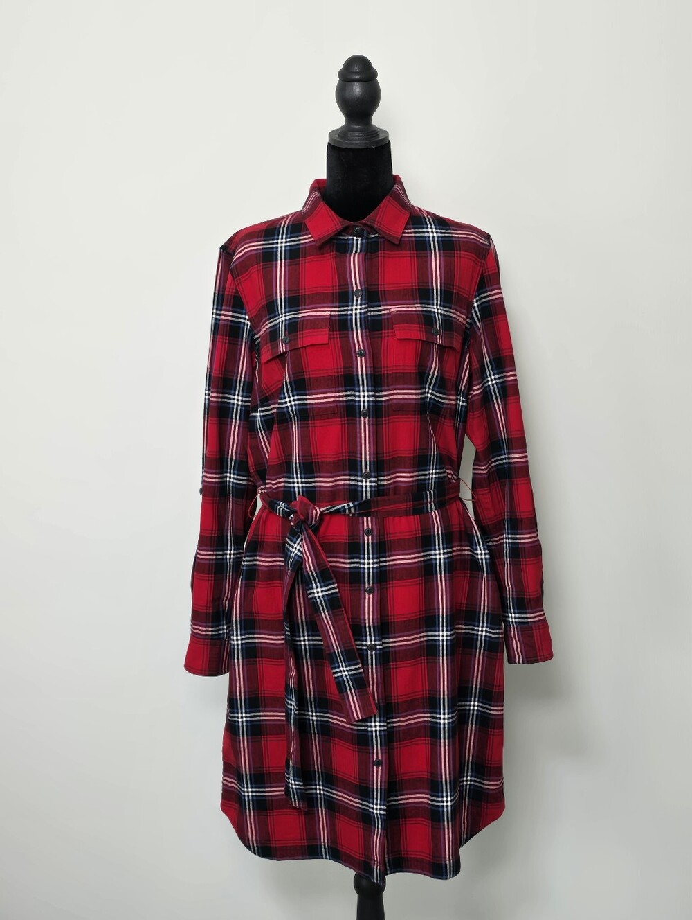 L.L. Bean Red Plaid Long-Sleeve Shirt Dress with Tie Waist